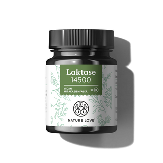 Eine schwarze Flasche Nature Love Laktase 14500 FCC Tabletten mit einem grün-weißen Etikett, die als vegan gekennzeichnet ist, enthält 90 Kapseln.
