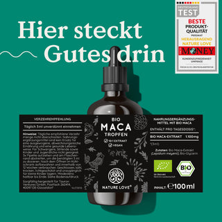 Eine Flasche Nature Love Bio Maca Tropfen auf grünem Hintergrund. Etikett.