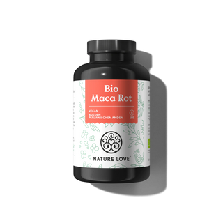 Eine schwarze Flasche "Bio Maca Rot Kapseln" von Nature Love enthält 180 vegane Kapseln mit Vitamin C. Das rot-weiße Etikett zeigt ein minimalistisches Blumendesign. Stammt aus den peruanischen Anden.