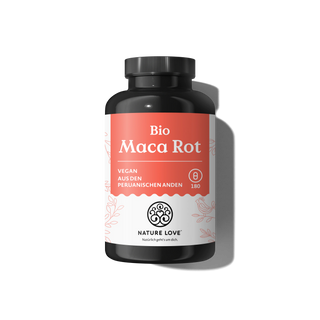 Eine schwarze Flasche „Bio Maca Rot Kapseln“ von Nature Love mit 180 veganen Kapseln mit Maca aus den peruanischen Anden vor einem schlichten weißen Hintergrund.