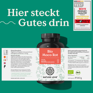 Nature Love Bio Maca Rot Kapseln. Etikett.