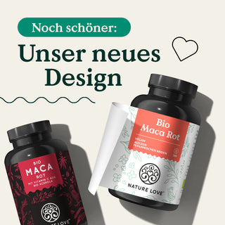 Zwei Dosen Nature Love Bio Maca Rot Kapseln mit dem Text „unser neues Design“.