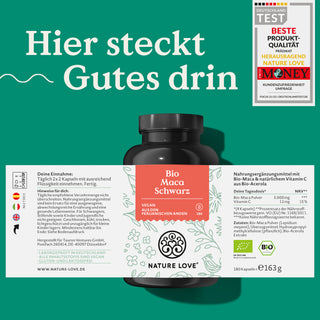 Eine Dose mit einem Etikett mit der Aufschrift „Nature Love Bio Maca Schwarz Kapseln“.