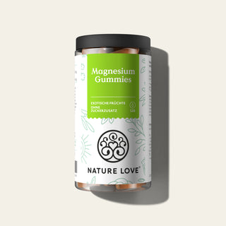 Eine Dose Nature Love Magnesium Gummies auf weißem Hintergrund.