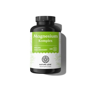 Eine schwarze Flasche der Marke Nature Love mit der Aufschrift „Magnesium-Komplex-Kapseln“ und grün-weißem Design enthält 180 vegane Hochdosis-Kapseln mit 5 Magnesiumformen.
