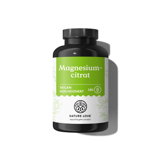 Nature Love Magnesiumcitrat-Kapseln werden in einer schwarzen Flasche mit grün-weißem Design geliefert und enthalten 180 Kapseln mit hoch bioverfügbarem, veganem Tri-Magnesium-Dicitrat.