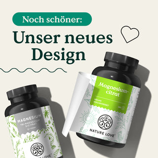 Zwei Dosen Nature Love Magnesium (Tri-Magnesium Dicitrat) Kapseln im neuen Design.