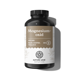 Schwarze Flasche mit der Aufschrift „Magnesiumoxid-Kapseln“ von Nature Love, beige-weißes Design, 365 vegane Kapseln – Jahresvorrat an hochdosiertem Magnesium.