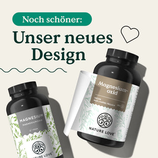 Zwei Dosen  Magnesiumoxid Kapseln im neuen Design von Nature Love.