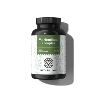 Eine schwarze Plastikflasche mit der Aufschrift "Mariendistel Komplex Kapseln" von Nature Love, die 120 vegane hochdosierte Kapseln enthält, ist vor einem schlichten hellen Hintergrund abgebildet.