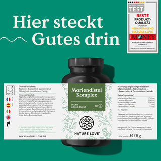 Eine Dose Mariendistel Komplex Kapseln von Nature Love mit Etikett. Hier steckt Gutes drin.