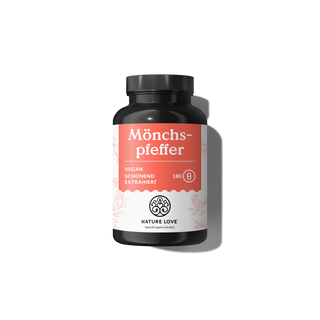 Eine schwarze Flasche der Marke Nature Love mit der Aufschrift „Mönchspfeffer-Kapseln“ und einem korallenfarbenen und weißen Etikett, die 180 hochdosierte vegane Kapseln enthält.