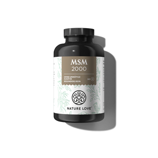 Eine schwarze Flasche Nature Love MSM 2000 Tabletten Nahrungsergänzungsmittel, mit 365 Tabletten und einem weiß-braunen Etikett mit botanischen Illustrationen, angereichert mit organischem Schwefel.