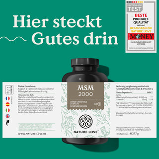 Eine Dose Nature Love MSM Tabletten mit Etikett auf grünem Hintergrund.