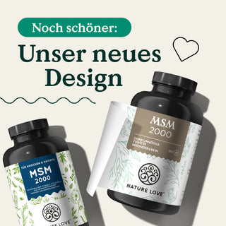 Zwei Dosen Nature Love MSM Tabletten im neuen Design. 