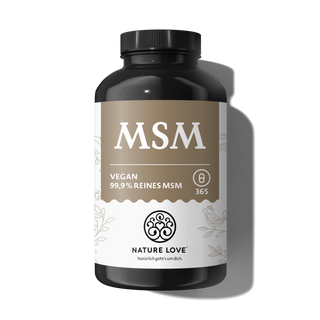 Schwarze Flasche mit „Nature Love MSM-Kapseln“ mit einem braun-weißen Etikett, auf dem „Vegan, 99,9 % reines MSM, 365 Tabletten“ steht.