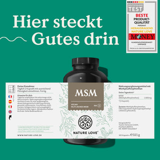 Eine Dose Nature Love MSM Kapseln mit Etikett. Hier steckt gutes drin.