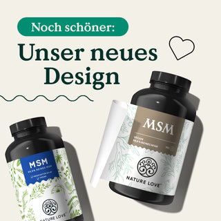 Eine Flasche Nature Love MSM Kapseln und eine Flasche Nature Love MSM Kapseln.