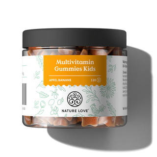 Nature Love Multivitamin Gummies Kids, Geschmacksrichtung Apfel-Banane, 120 vegane Gummis in einer Dose mit schwarzem Deckel und dekorativem Etikett - perfekt als Multivitamin für Kinder.