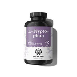 Eine schwarze Flasche mit L-Tryptophan-Kapseln von Nature Love ist vor einem schlichten, hellen Hintergrund abgebildet.
