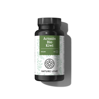Eine schwarze Flasche Nature Love Actazin Bio Kiwi Kapseln mit 60 hochdosierten Bio-Kiwi-Kapseln ist vor einem schlichten hellen Hintergrund abgebildet.