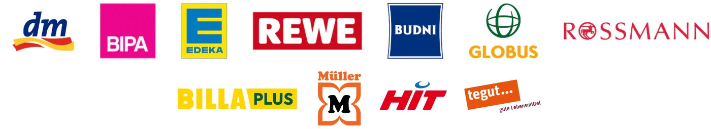 Mehrere verschiedene Marken von Logos wie dm, Rossmann, REWE, und Edeka.