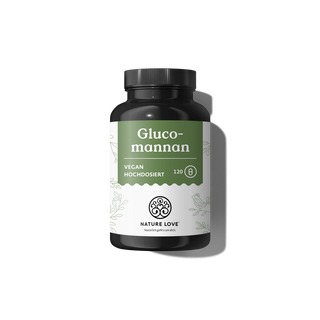 Eine schwarze Flasche mit Glucomannan-Kapseln von Nature Love, vegan, hochdosiert, 120 Kapseln, grün-weißes Design.