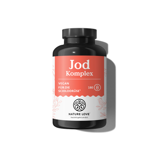 Eine Packung „Nature Love Jod Komplex Kapseln“ mit 180 veganen Kapseln, die Jod und Selen zur Unterstützung der Schilddrüsenfunktion und für eine gesunde Schilddrüse enthalten.