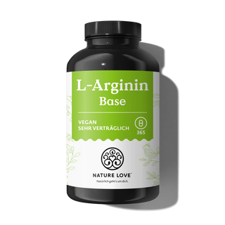 Nature Love L-Arginin Base Kapseln: schwarze Flasche, grün-weißes Etikett mit Pflanzen- und Vogelmotiven, enthält 365 vegane Aminosäure-Kapseln.