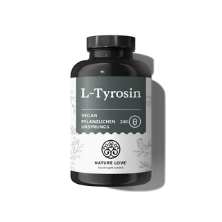Eine schwarze Flasche „L-Tyrosin Kapseln“ von Nature Love mit einem grün-weißen Etikett, gekennzeichnet als vegan und pflanzlich, mit 240 Kapseln.