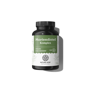 Eine schwarze Plastikflasche der Marke Nature Love mit der Aufschrift „Mariendistel-Komplex-Kapseln“ und grün-weißem Design enthält 120 vegane Kapseln mit einem 4-fach-Silymarin-Komplex.