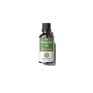 Im Mittelpunkt eines weißen Hintergrunds steht eine dunkle Glasflasche mit der Aufschrift „Bio Oregano Öl Tropfen“ von Nature Love.