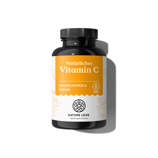 Eine schwarze Flasche mit der Aufschrift „Natürliches Vitamin C Kapseln“ von Nature Love, mit Bio-Acerola und orange-weißem Design, steht aufrecht auf einem weißen Hintergrund, wobei ihr Schatten zu sehen ist.