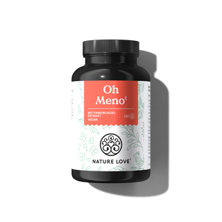 Die schwarze, rot-weiß gestaltete Flasche "Oh Meno Kapseln" von Nature Love enthält 120 vegane Kapseln mit Yamswurzelextrakt für die Wechseljahre und B-Vitamin.