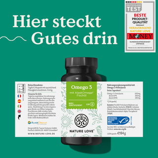 Eine Dose Omega 3 AlaskOmega® Kapseln von Nature Love mit Etikett.