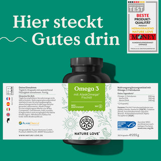 Eine Dose Nature Love Omega 3 AlaskOmega® Kapseln mit Etikett auf grünem Hintergrund.