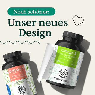 Zwei Dosen Omega 3 AlaskOmega® Kapseln von Nature Love im neuen Design.