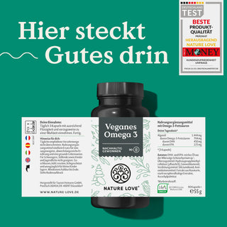 Eine Dose Omega 3 aus Algenöl Kapseln mit Etikett. Hier steckt gutes drin.