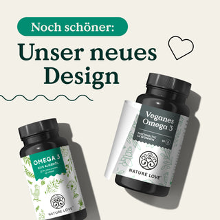 Zwei Dosen Omega 3 aus Algenöl Kapseln von Nature Love im neuen Design.