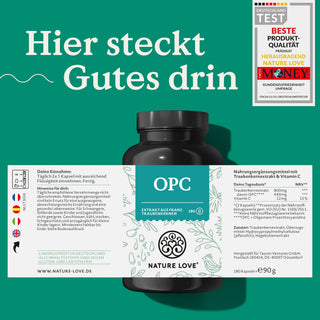 Eine Dose Nature Love OPC Traubenkernextrakt Kapseln mit Etikett auf grünem Hintergrund.