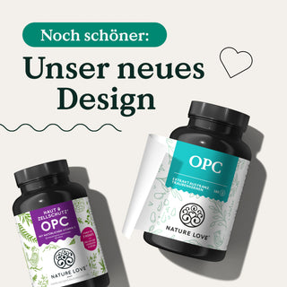 Zwei Flaschen Nature Love OPC Traubenkernextrakt Kapseln mit der Aufschrift „uner neues Design“, enthaltend Traubenkernextrakt.