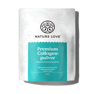 Das Nature Love Premium Collagenpulver wird in einem weiß-blaugrünen Beutel mit floralen Motiven und einem Logo auf der Oberseite geliefert. Es ist geschmacksneutral, zertifiziert, hochbioverfügbar, zuckerfrei und ideal für die effektive bioaktive Collagen-Unterstützung in Ihrer täglichen Routine.