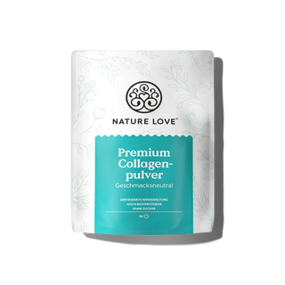 Ein weißer und blaugrüner "Nature Love Premium Collagenpulver"-Beutel mit Blumenmuster und deutschem Text enthält geschmacksneutrales bioaktives Kollagenpulver, perfekt für den täglichen Gebrauch.