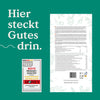 Vorder- und Rückansicht einer deutschen Produktverpackung für Nature Love Premium Collagenpulver mit einem Siegel, das auf hohe Qualität hinweist, begleitet von Text und dekorativen Blättermustern auf grünem Hintergrund.