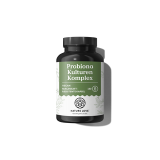 Vor einem schlichten weißen Hintergrund ist eine schwarze Flasche mit der Aufschrift „Probiona Kulturen Komplex Kapseln“ von Nature Love zu sehen, die 180 vegane, säurebeständige Kapseln mit Bio-Inulin und lebenden Bakterienkulturen enthält.