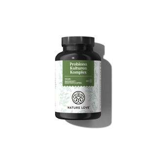 Die „Probiona Kulturen Komplex Kapseln“ von Nature Love sind eine schwarze Flasche mit floralem Etikett, die 180 vegane Kapseln enthält, angereichert mit Bio-Inulin aus Agave, mit lebenden Bakterienkulturen für optimales Wohlbefinden.