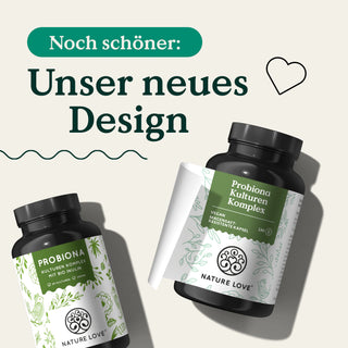 Zwei Dosen Probiona Kulturen Komplex Kapseln von Nature Love im neuen Design. Hier steckt gutes drin.