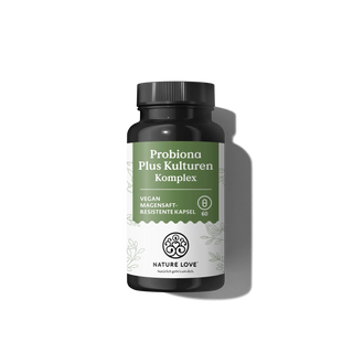 Eine schwarze Flasche mit der Aufschrift „Probiona Plus Kulturen Komplex Kapseln“ von Nature Love, mit 60 veganen, magensaftresistenten probiotischen Kapseln für deine Darmflora.