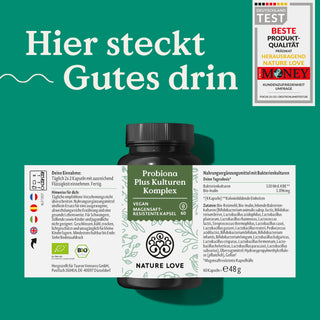 Eine Dose Nature Love Probiona Plus Kulturen Komplex Kapseln mit Etikett. Hier steckt gutes drin.