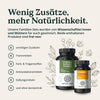 Zwei Nature Love Probiona - Family-Set Ergänzungsflaschen sind mit einem Text abgebildet, der hervorhebt, dass sie keine unnötigen Zusatzstoffe, künstliche Farbstoffe, Süßstoffe oder genetisch veränderte Zutaten enthalten.